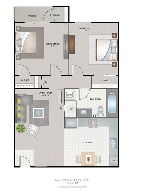 Floor plan for 2 beds, 1 bath, 850 sqft